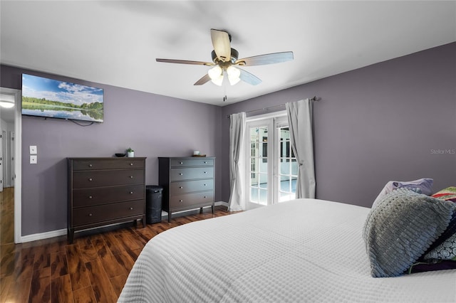 bedroom with ceiling fan, dark hardwood / wood-style flooring, and access to exterior