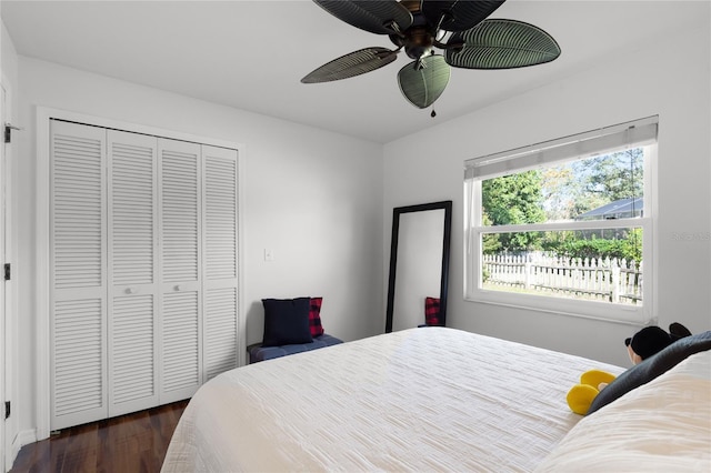 bedroom featuring ceiling fan, a closet, and dark wood-type flooring