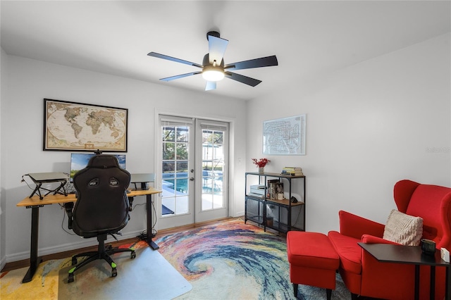 office area featuring ceiling fan, french doors, and hardwood / wood-style floors