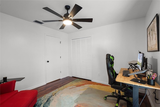 office space featuring ceiling fan and dark wood-type flooring