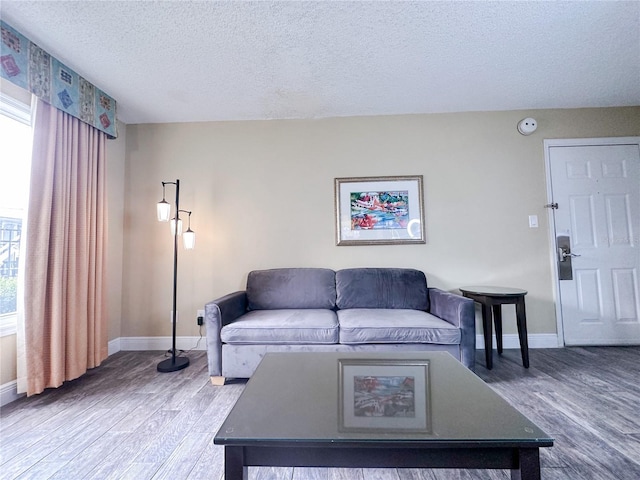 living room with hardwood / wood-style floors and a textured ceiling