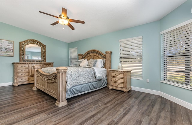 bedroom featuring ceiling fan and dark wood-type flooring