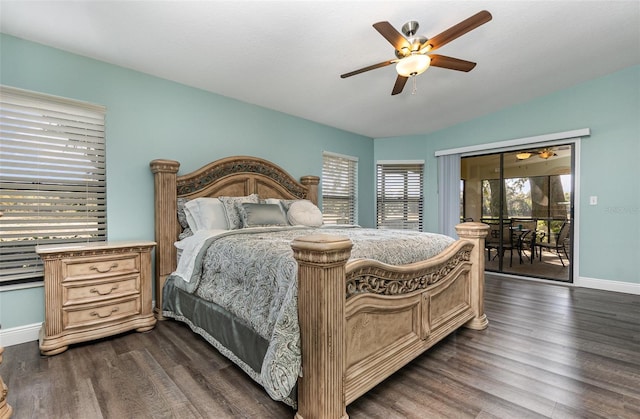 bedroom with access to outside, ceiling fan, and dark wood-type flooring