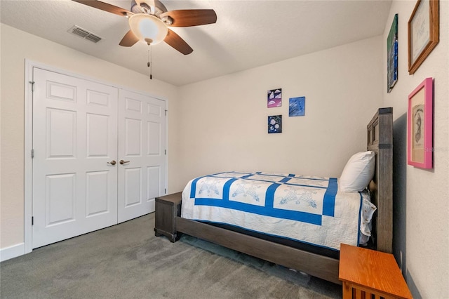 bedroom featuring carpet, a closet, and ceiling fan