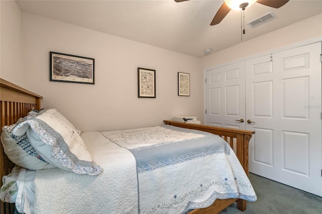 bedroom featuring carpet, a closet, and ceiling fan