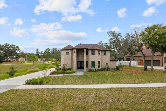 view of front of home featuring a residential view, fence, and a front lawn