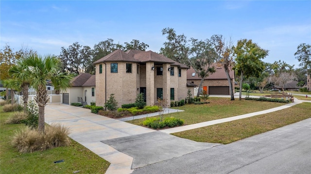 view of front of property featuring a garage, brick siding, concrete driveway, and a front yard