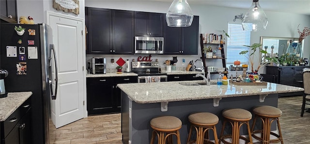 kitchen featuring pendant lighting, a center island with sink, appliances with stainless steel finishes, and light hardwood / wood-style flooring