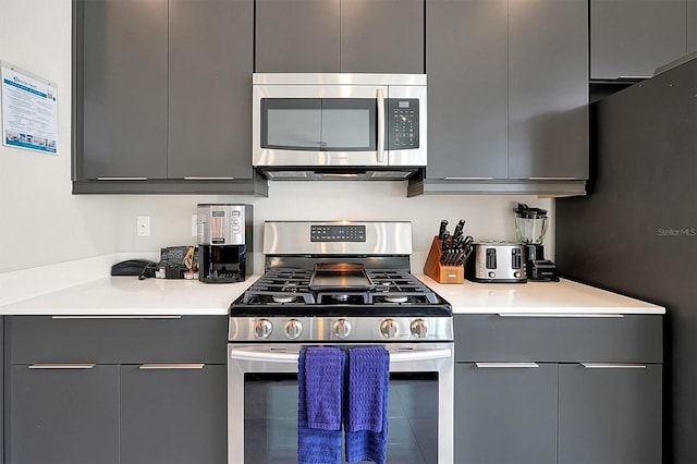 kitchen with appliances with stainless steel finishes and gray cabinets