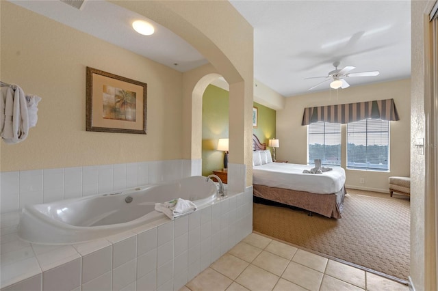 bedroom featuring ceiling fan and light tile patterned flooring