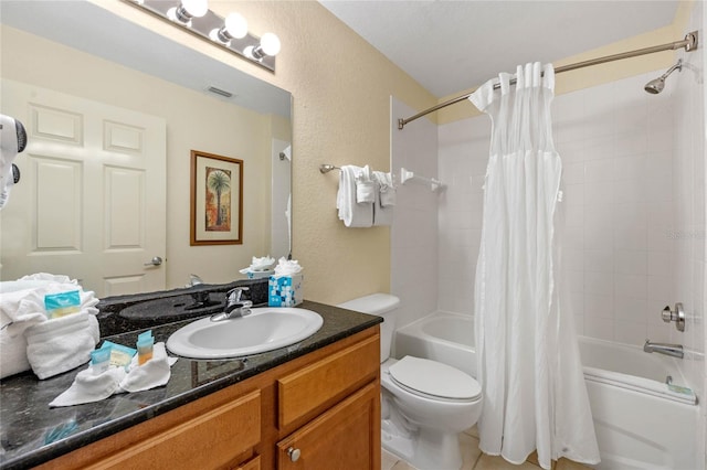 full bathroom with toilet, vanity, and shower / tub combo with curtain