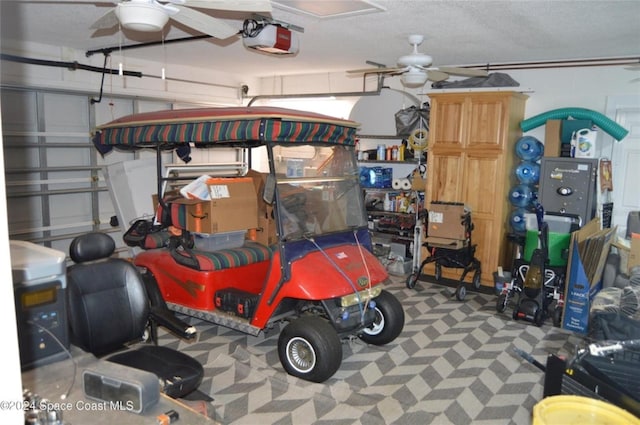 garage with ceiling fan and a garage door opener