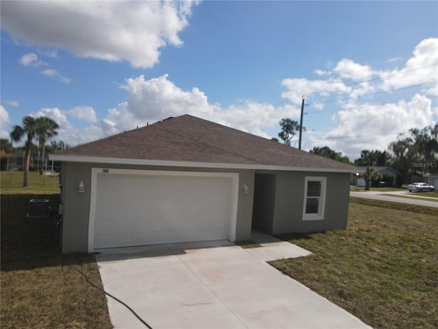 single story home with driveway, a garage, a shingled roof, a front lawn, and stucco siding