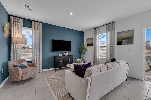 living room featuring light tile patterned floors