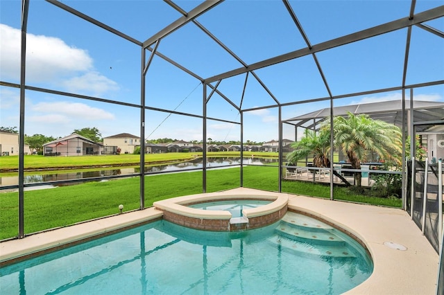 view of swimming pool with a lanai, an in ground hot tub, a lawn, and a water view