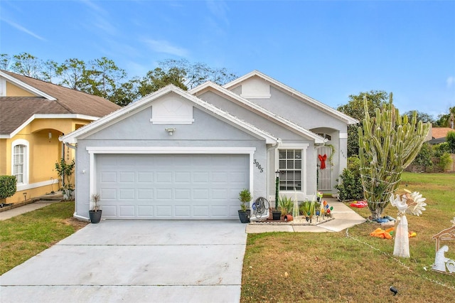 ranch-style home with a garage and a front lawn