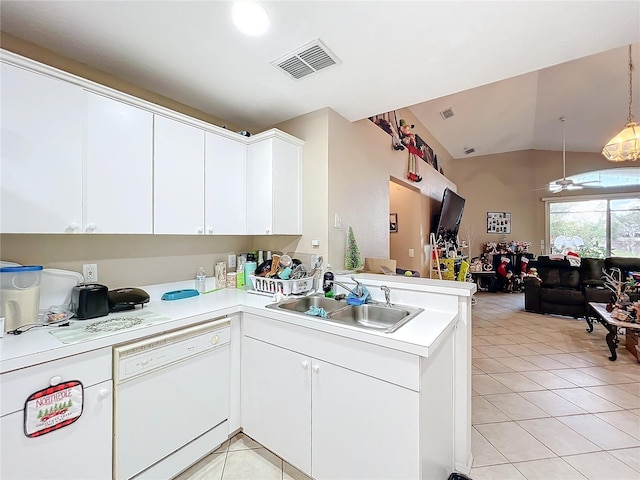 kitchen with dishwasher, kitchen peninsula, sink, ceiling fan, and white cabinetry