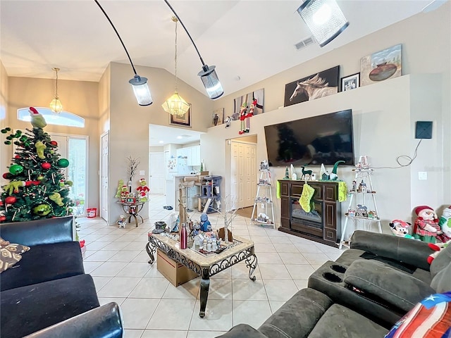 tiled living room with lofted ceiling