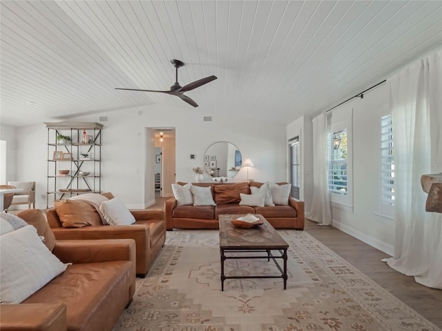 living room with light hardwood / wood-style floors, ceiling fan, and wood ceiling