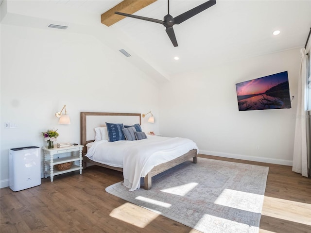 bedroom with wood-type flooring, lofted ceiling with beams, and ceiling fan