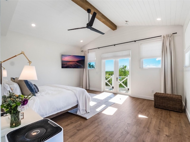 bedroom featuring access to exterior, ceiling fan, french doors, lofted ceiling with beams, and hardwood / wood-style floors