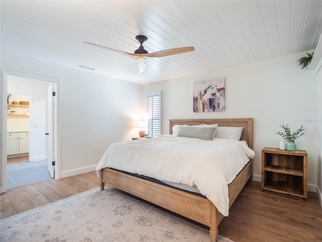 bedroom with hardwood / wood-style floors, ceiling fan, and wooden ceiling