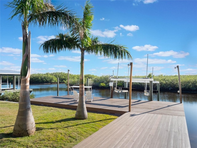 dock area featuring a water view and a lawn