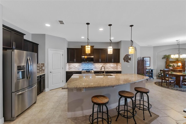 kitchen featuring sink, an island with sink, pendant lighting, and appliances with stainless steel finishes