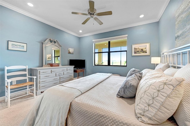 bedroom with ornamental molding, recessed lighting, carpet flooring, and ceiling fan