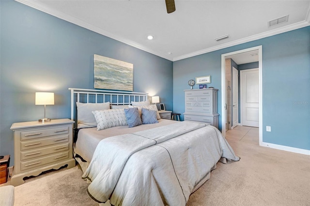 bedroom featuring ceiling fan, light carpet, visible vents, baseboards, and crown molding