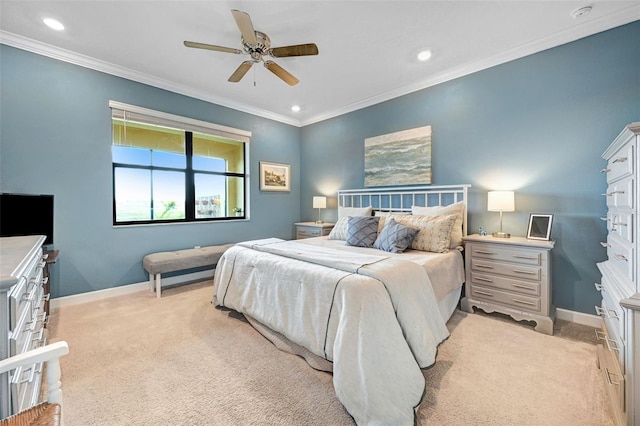 bedroom featuring baseboards, ornamental molding, and light colored carpet