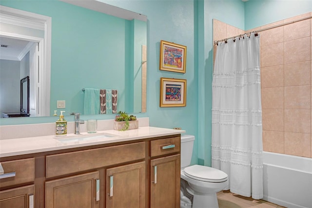 full bathroom with visible vents, toilet, shower / bath combo with shower curtain, crown molding, and vanity