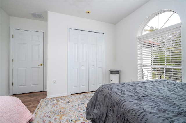 bedroom featuring dark hardwood / wood-style flooring and a closet