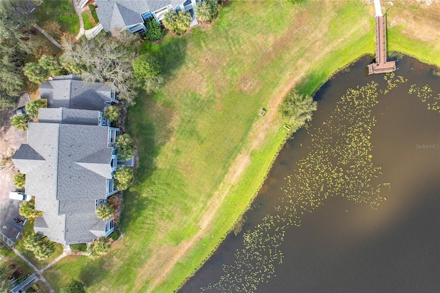 drone / aerial view featuring a water view