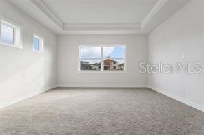 carpeted empty room featuring a tray ceiling and crown molding