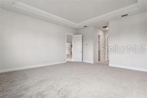 carpeted empty room featuring a raised ceiling