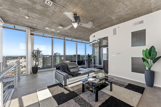 living room with a wall of windows