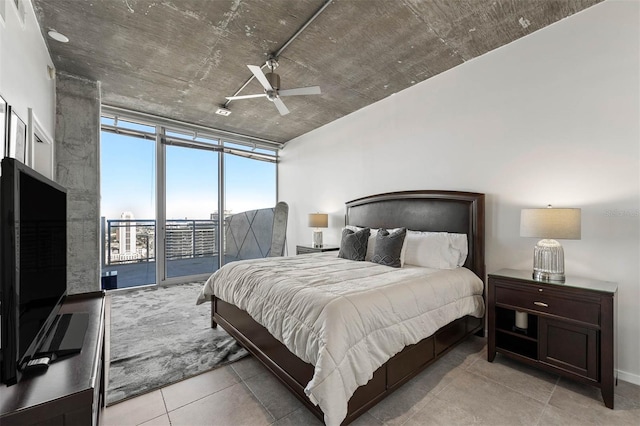 bedroom featuring access to outside, floor to ceiling windows, and ceiling fan