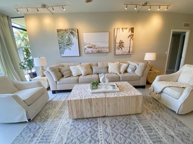 living room featuring rail lighting