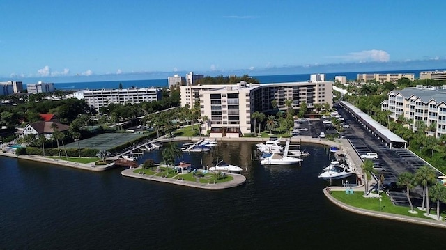 bird's eye view with a water view