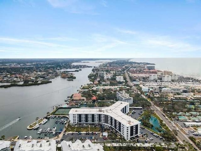 aerial view featuring a water view and a city view