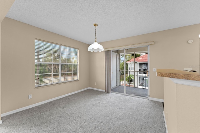 unfurnished dining area with carpet and a textured ceiling