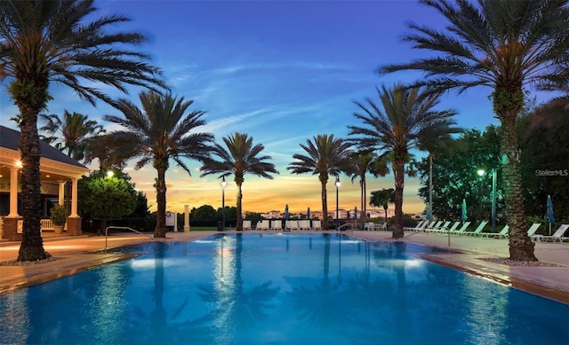 pool at dusk with a patio