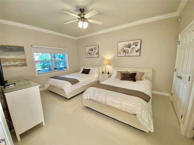 bedroom featuring ceiling fan and ornamental molding