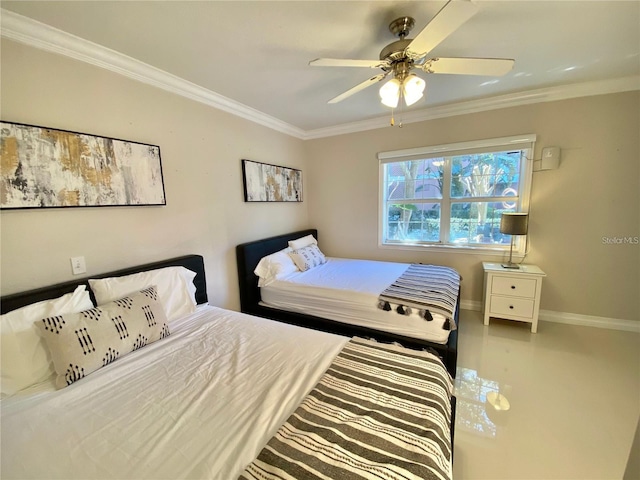 bedroom with ceiling fan and ornamental molding