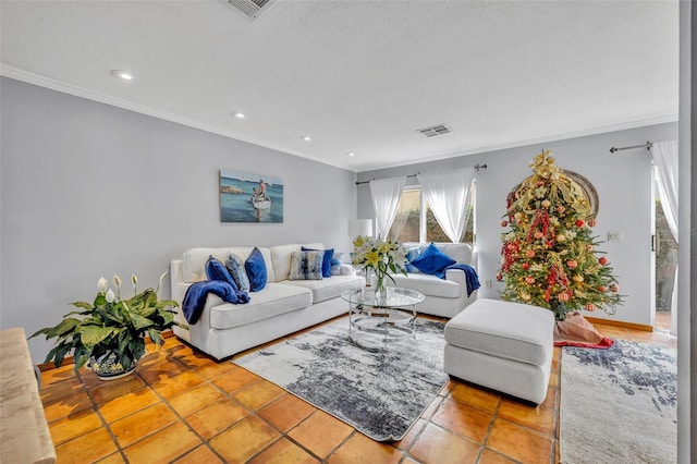 tiled living room with ornamental molding