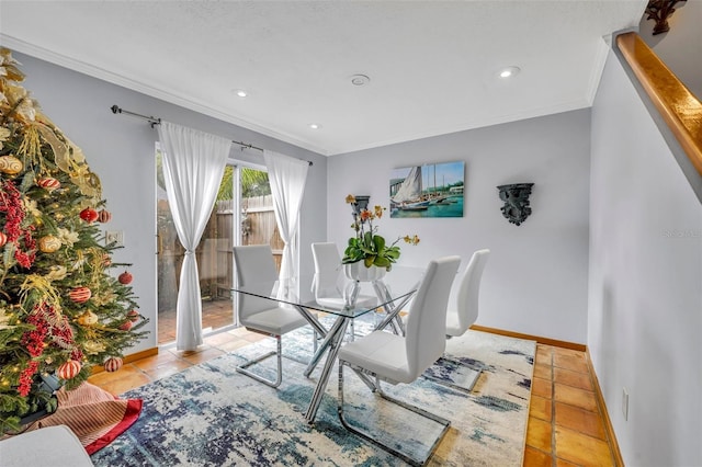 tiled dining space with crown molding