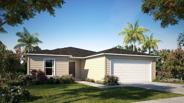 single story home featuring a garage and a front yard