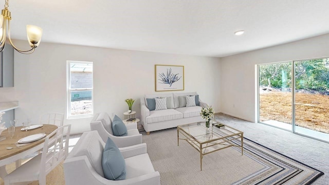 living room with carpet floors and an inviting chandelier