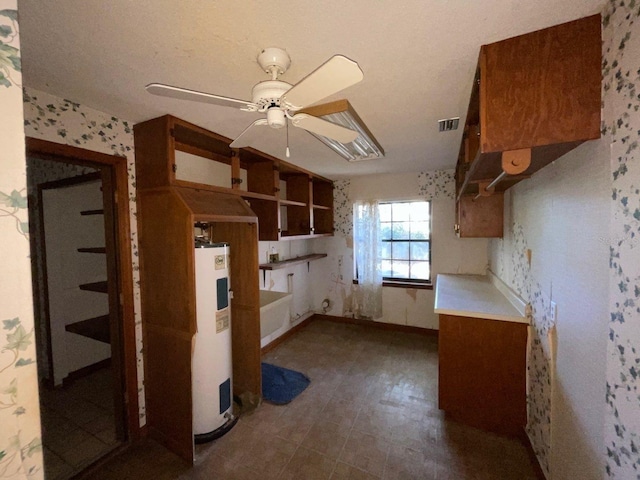 kitchen featuring ceiling fan and water heater